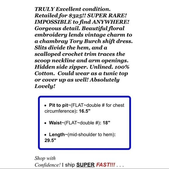 Tory Burch Sz XS Embroidered Chambray Tunic Calita Mini Shift Dress Scallop - Picture 2 of 12